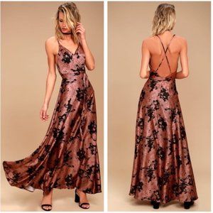 Lulu's Tea Gardens Rusty Rose Floral Print Satin Maxi Dress Size Small